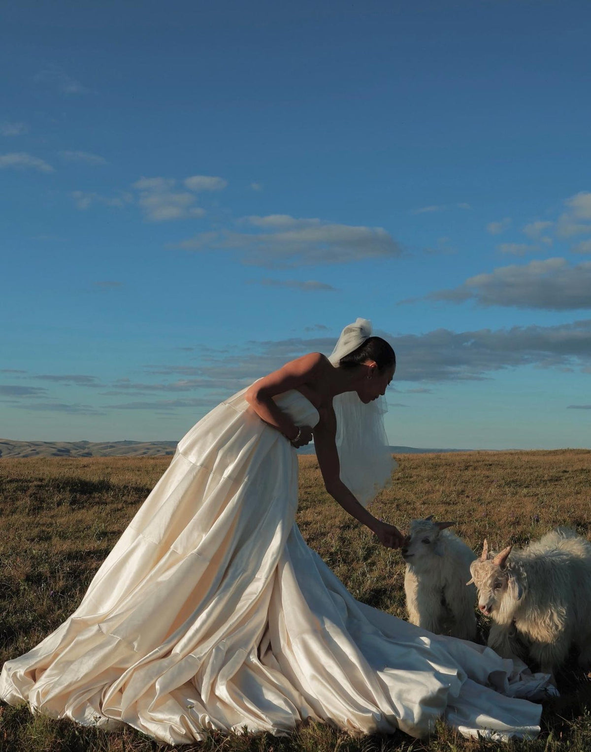 Strapless Satin Tiered Wedding Gown, Minimalist Voluminous Bridal Dress