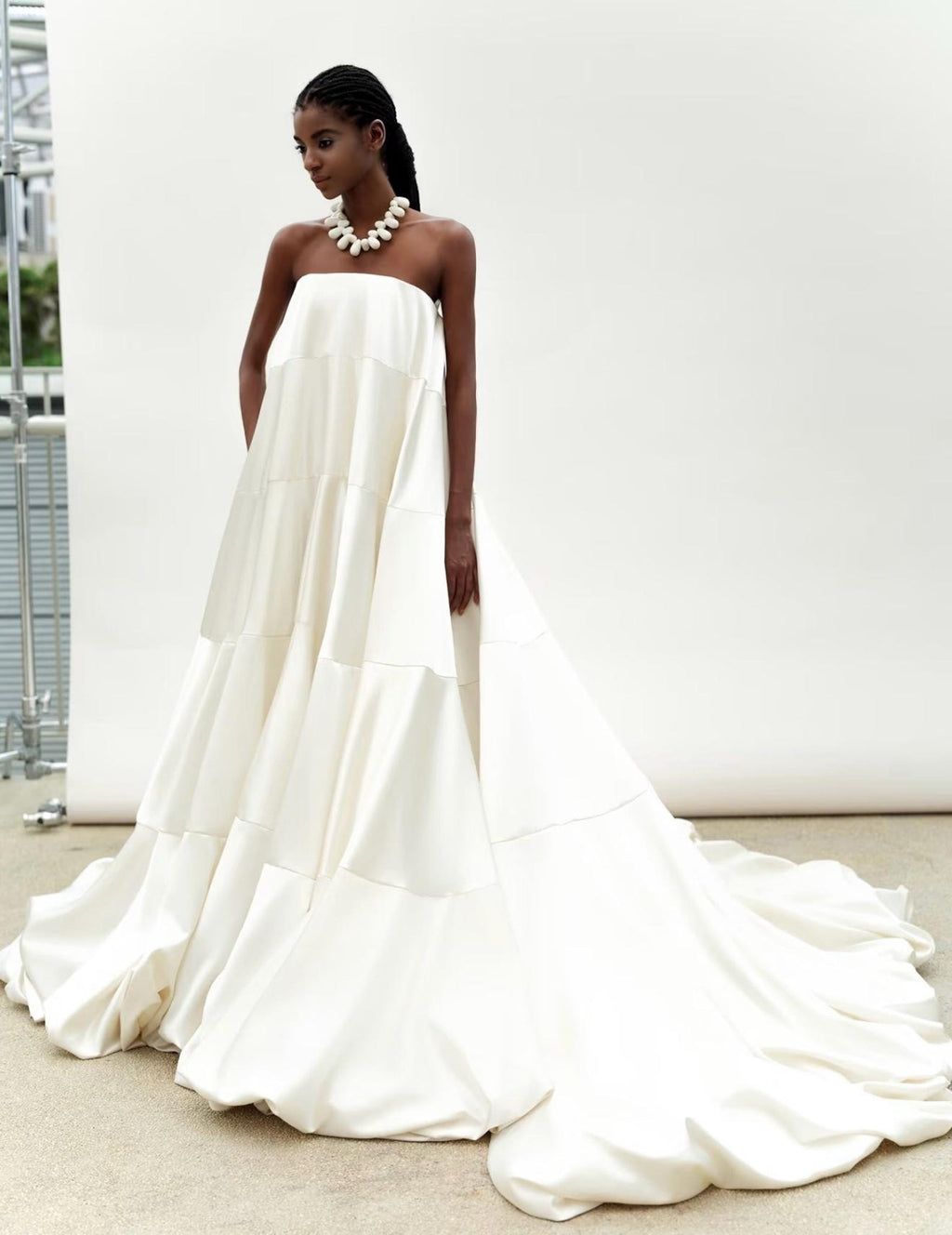 Strapless Satin Tiered Wedding Gown, Minimalist Voluminous Bridal Dress