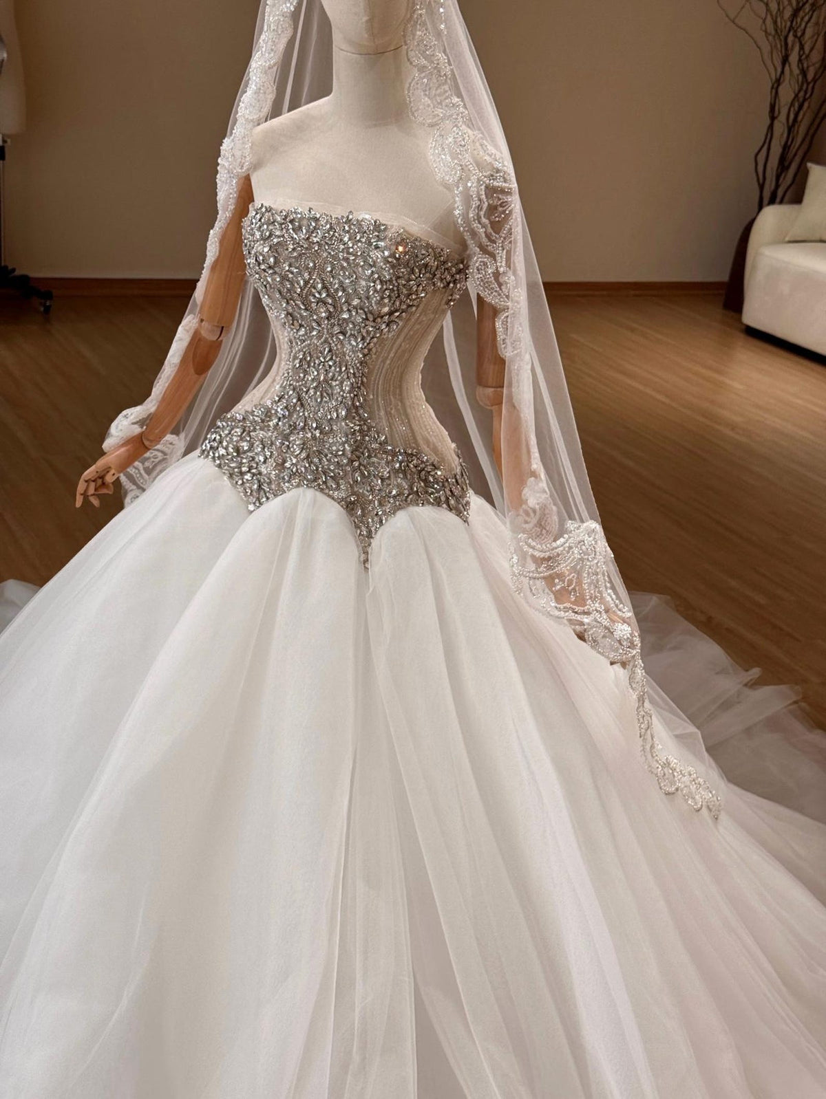 Strapless Beaded Crystal Ballgown Wedding Dress, Sparkly Tulle Bridal Gown With Train