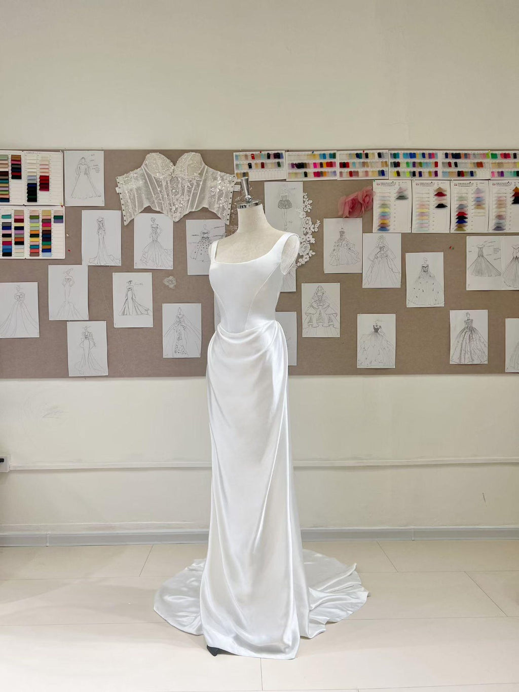 Square Neck Satin Mermaid Wedding Dress, Minimalist Draped Bridal Gown With Train