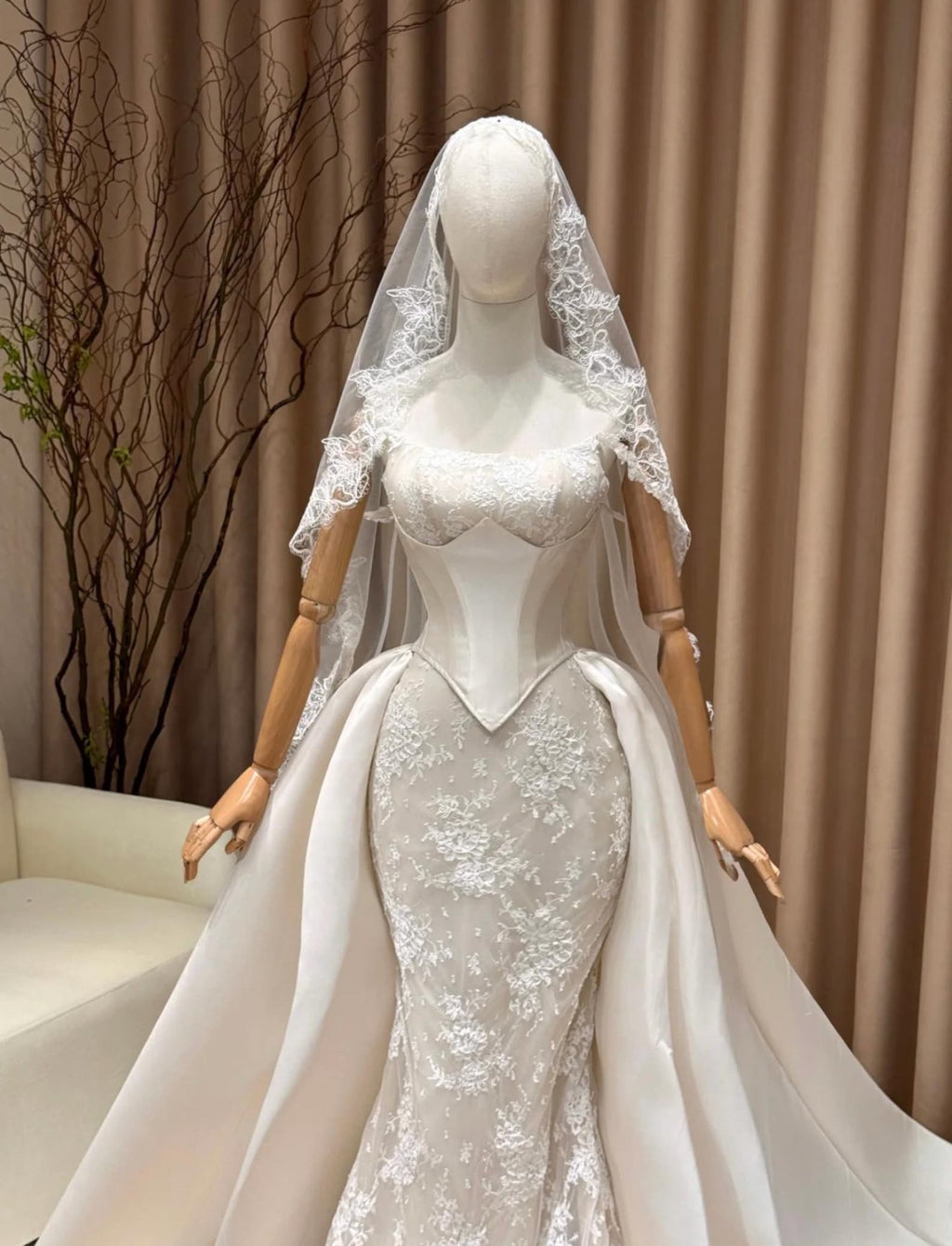 Detachable Overskirt Lace Mermaid Wedding Dress, Corset Bridal Gown With Train