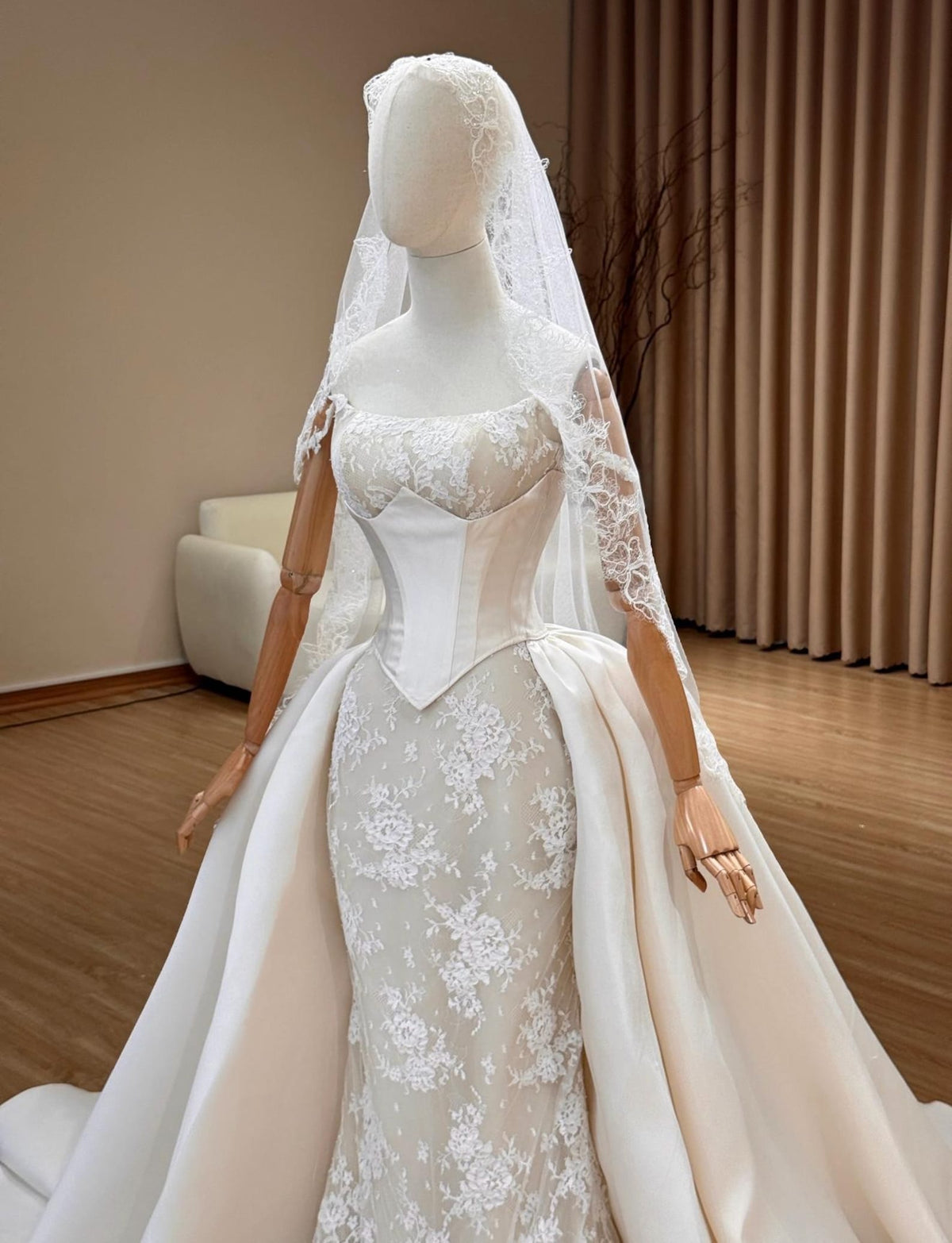 Detachable Overskirt Lace Mermaid Wedding Dress, Corset Bridal Gown With Train
