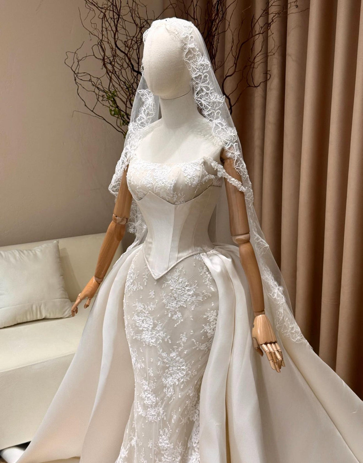 Detachable Overskirt Lace Mermaid Wedding Dress, Corset Bridal Gown With Train