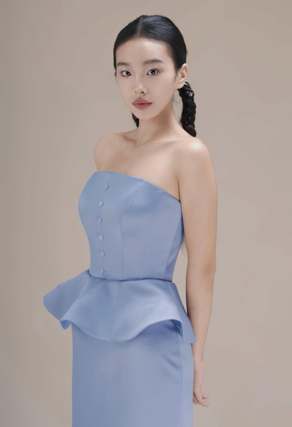 Strapless Dusty Blue Satin Evening Gown, Peplum Waist Slim Formal Maxi Dress