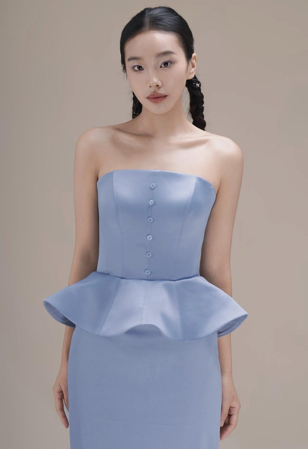 Strapless Dusty Blue Satin Evening Gown, Peplum Waist Slim Formal Maxi Dress
