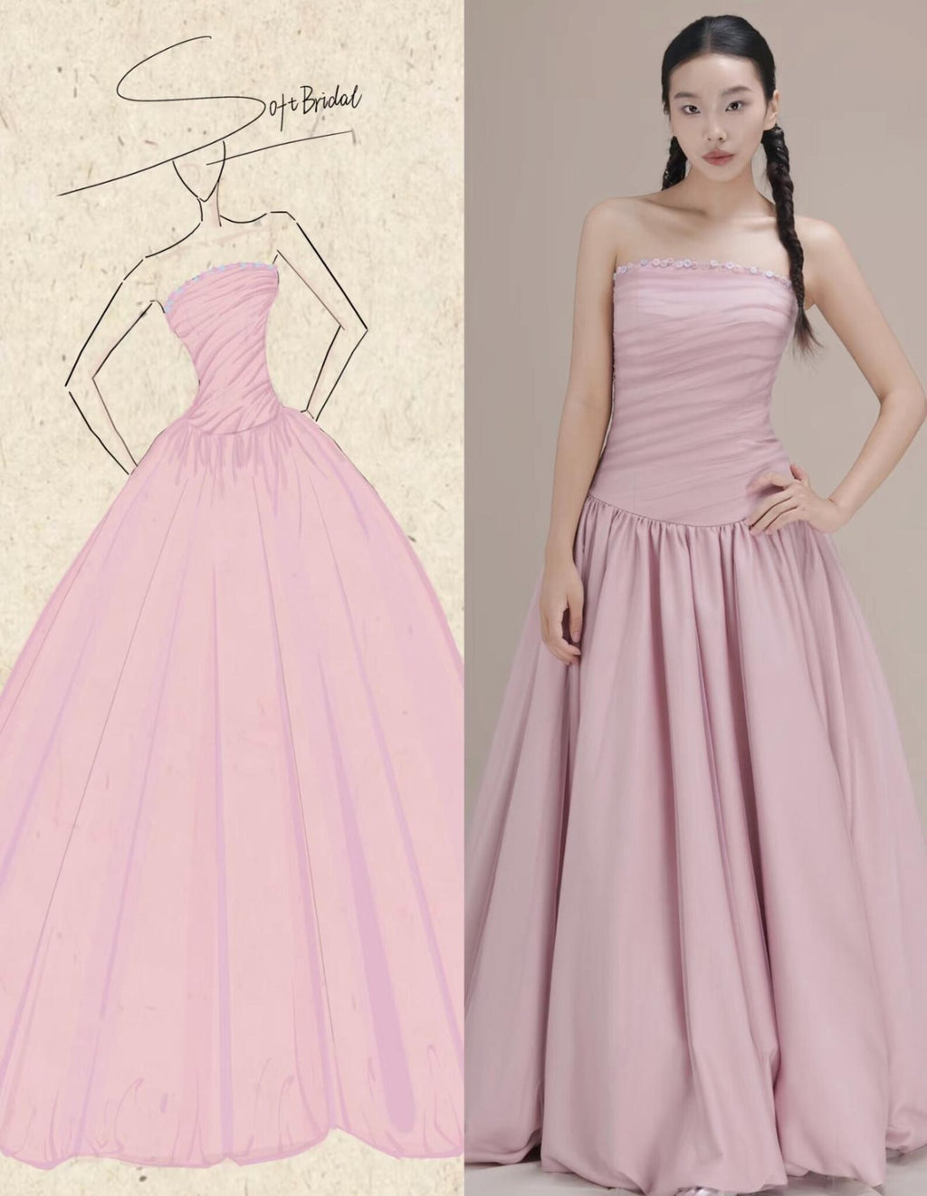 Strapless Dusty Pink Evening Gown, Ruched Bodice Voluminous Ballgown Formal Dress
