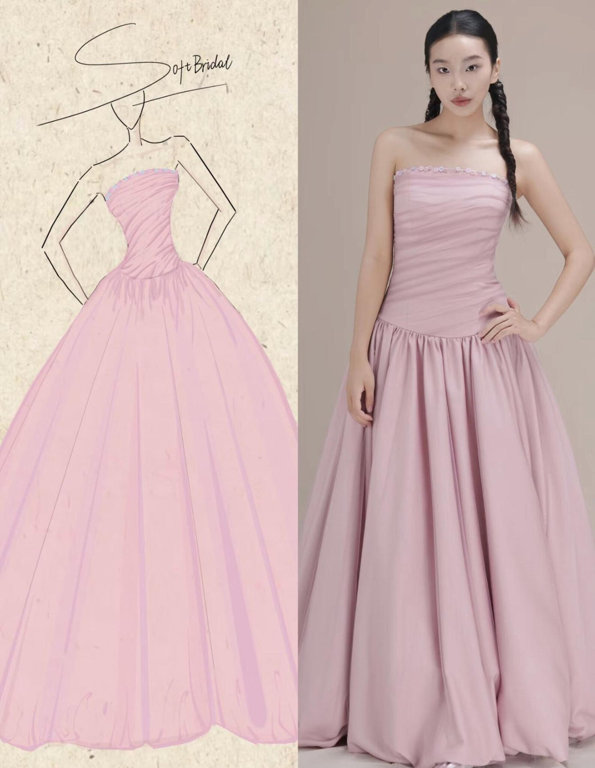 Strapless Dusty Pink Evening Gown, Ruched Bodice Voluminous Ballgown Formal Dress