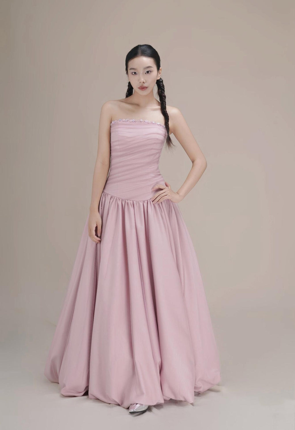 Strapless Dusty Pink Evening Gown, Ruched Bodice Voluminous Ballgown Formal Dress