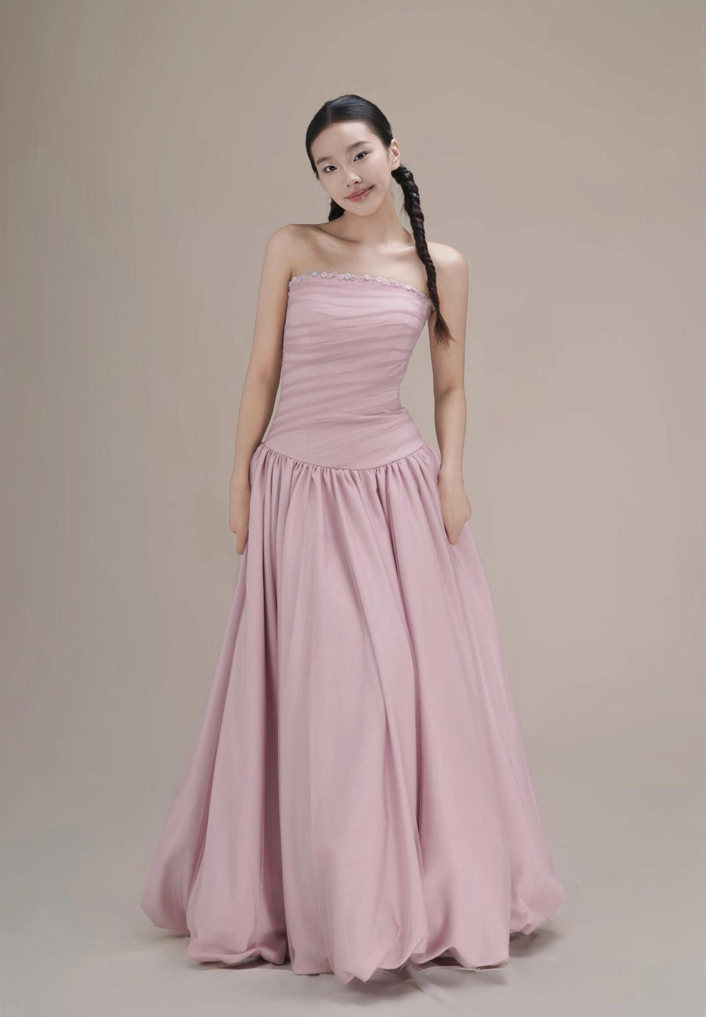 Strapless Dusty Pink Evening Gown, Ruched Bodice Voluminous Ballgown Formal Dress