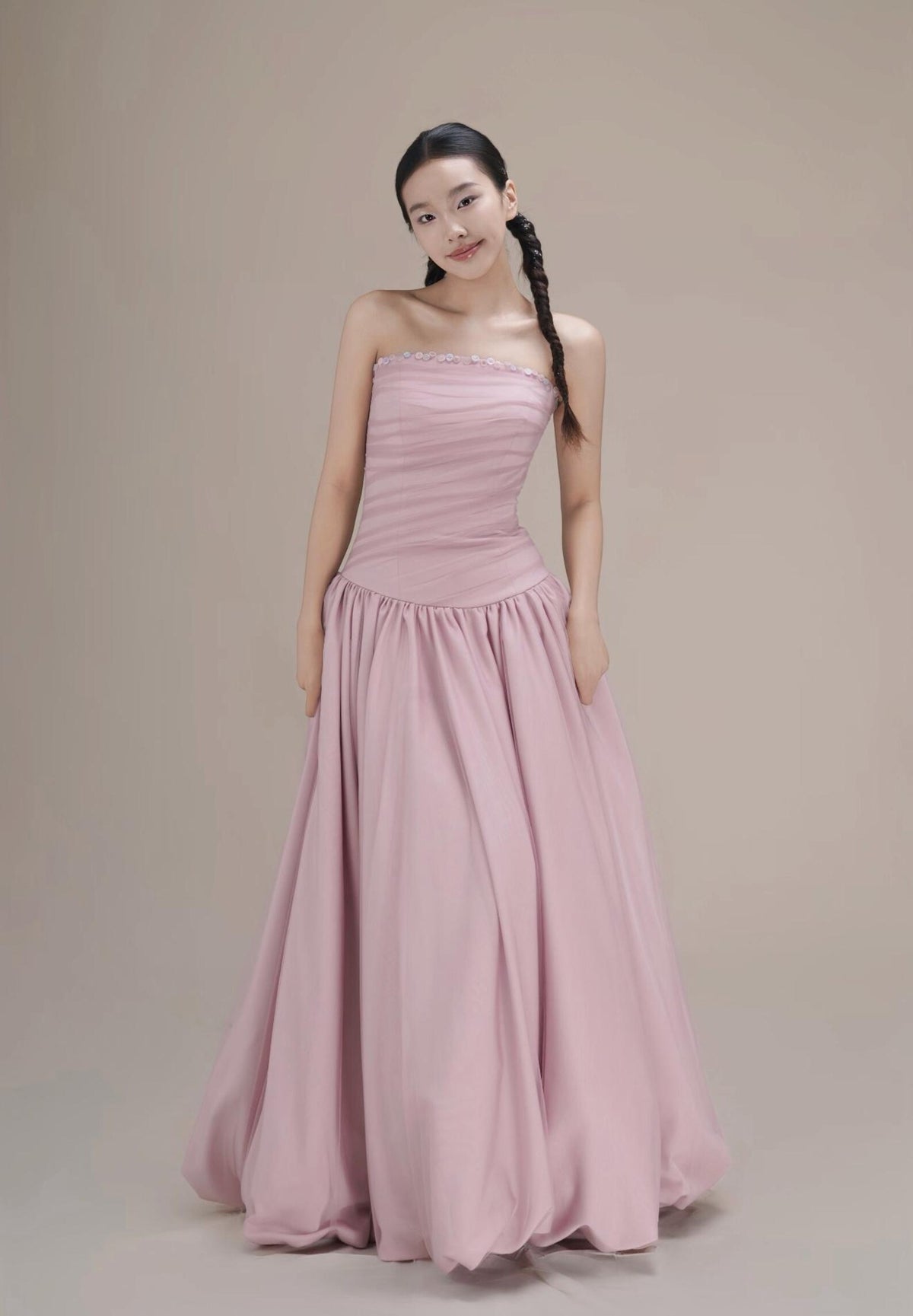 Strapless Dusty Pink Evening Gown, Ruched Bodice Voluminous Ballgown Formal Dress