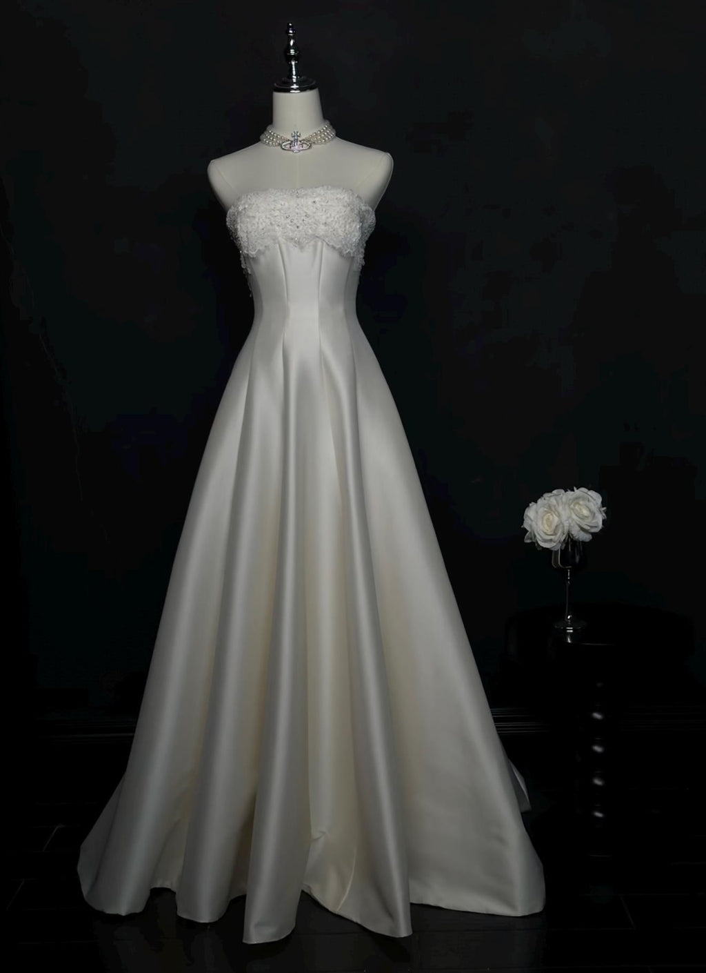Strapless Lace‑Trim Satin Ballgown Wedding Dress, Pockets Voluminous Bridal Gown With Train