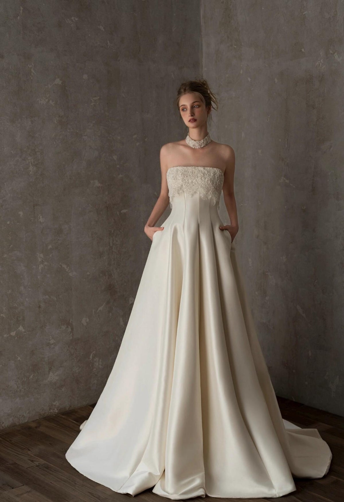 Strapless Lace‑Trim Satin Ballgown Wedding Dress, Pockets Voluminous Bridal Gown With Train