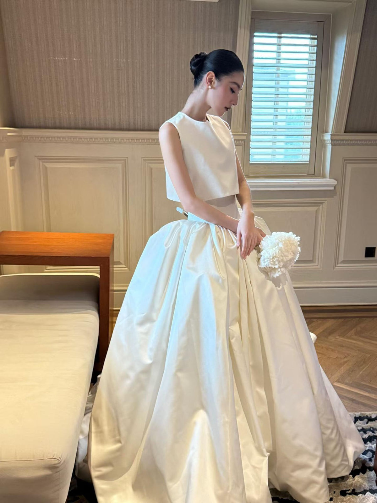 Two Piece Mikado Satin Wedding Gown, Sleeveless Round Neck Ballgown Wedding Dress, Modest Bridal Gown for Church Wedding