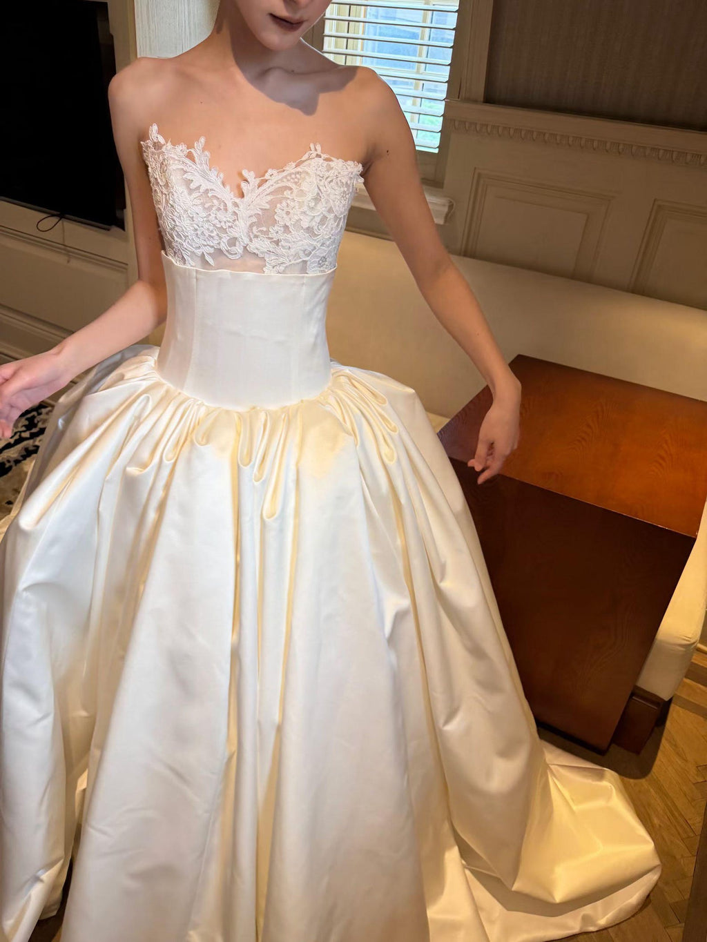 Two Piece Mikado Satin Wedding Gown, Sleeveless Round Neck Ballgown Wedding Dress, Modest Bridal Gown for Church Wedding