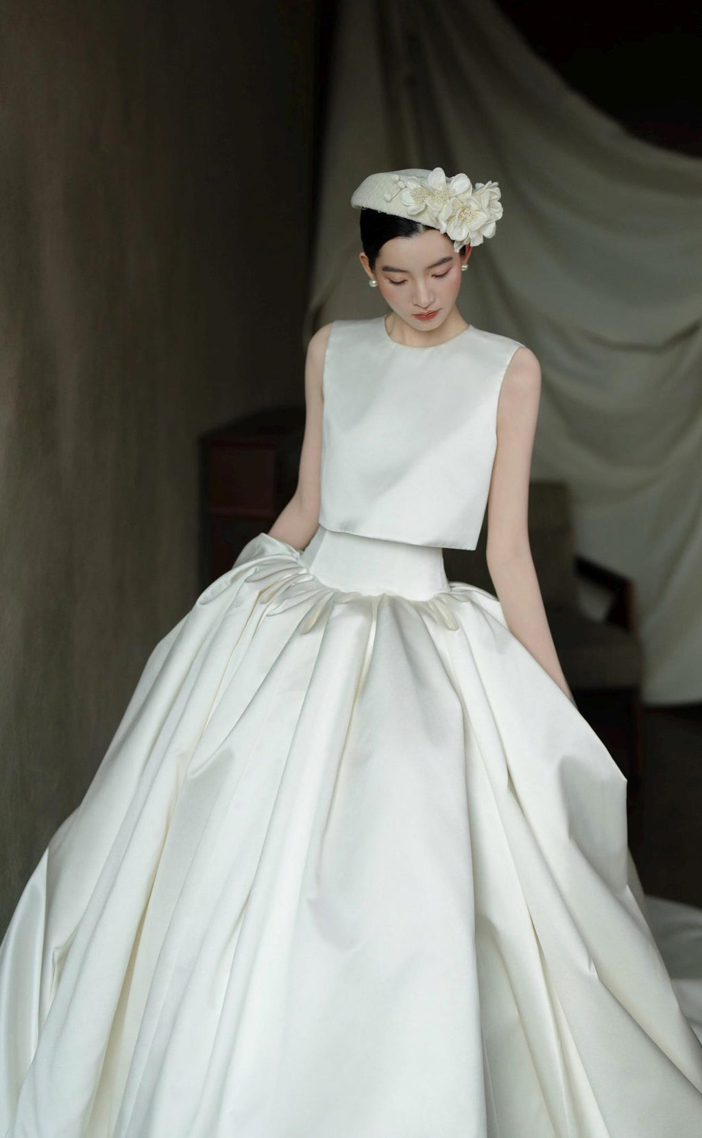 Two Piece Mikado Satin Wedding Gown, Sleeveless Round Neck Ballgown Wedding Dress, Modest Bridal Gown for Church Wedding
