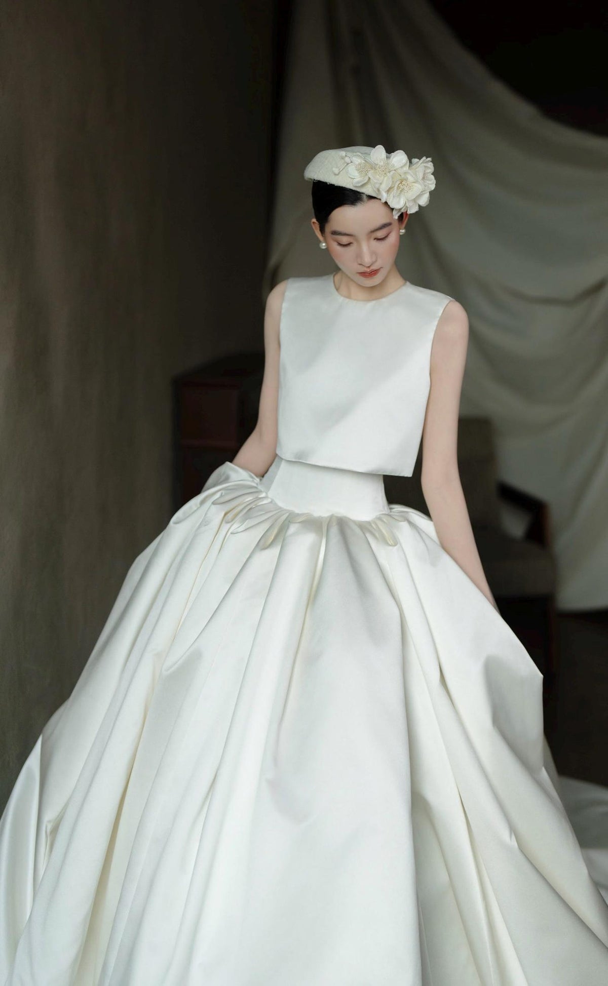 Two Piece Mikado Satin Wedding Gown, Sleeveless Round Neck Ballgown Wedding Dress, Modest Bridal Gown for Church Wedding