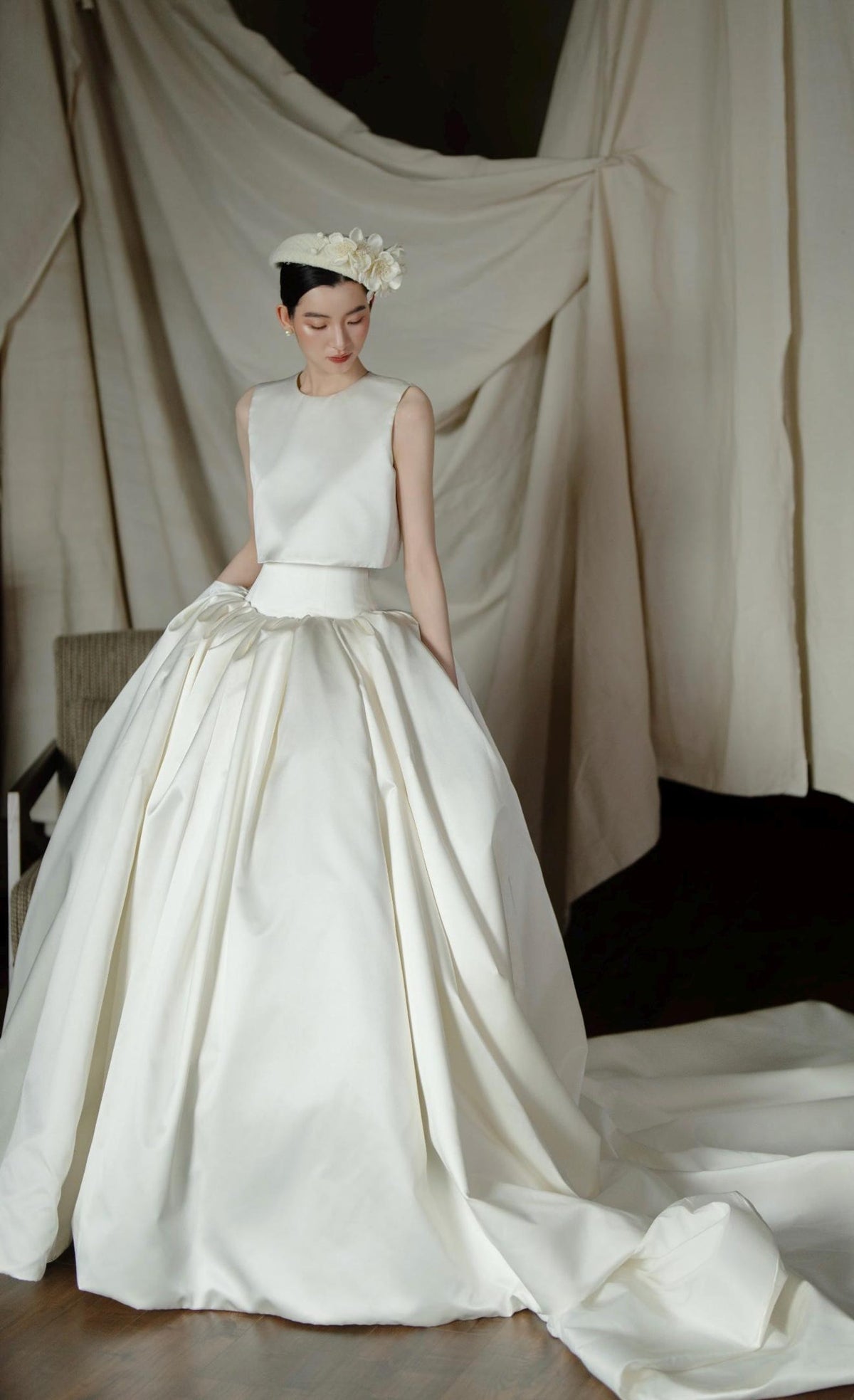 Two Piece Mikado Satin Wedding Gown, Sleeveless Round Neck Ballgown Wedding Dress, Modest Bridal Gown for Church Wedding