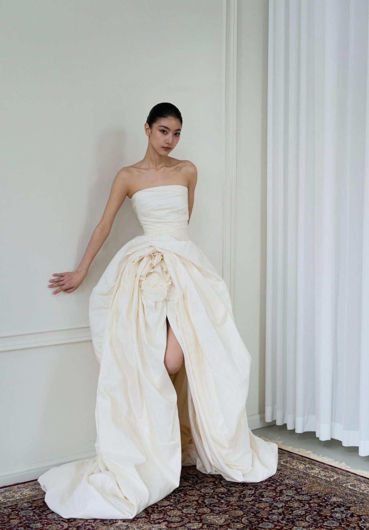 Strapless Ruched Bodice Taffeta Ballgown Wedding Gown,3D Floral Detail High Slit Bridal Dress With Train