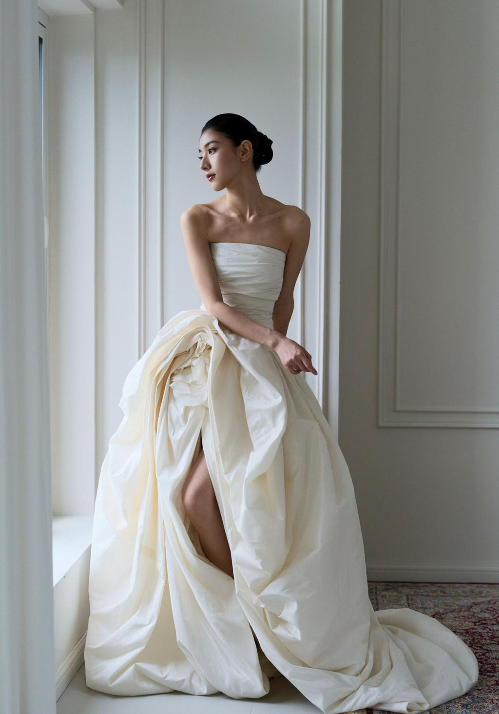 Strapless Ruched Bodice Taffeta Ballgown Wedding Gown,3D Floral Detail High Slit Bridal Dress With Train