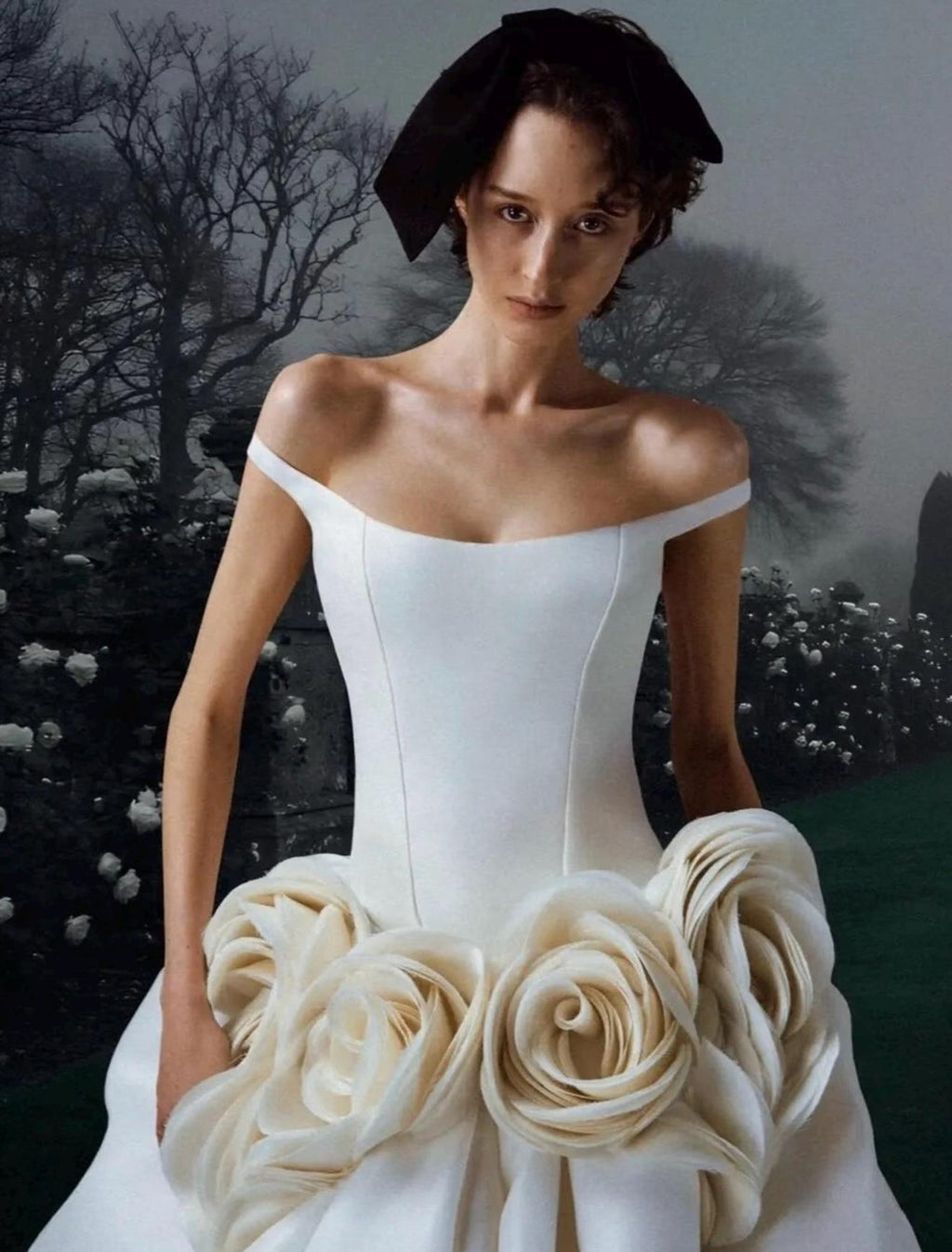 Off‑the‑Shoulder Satin Ballgown Bridal Gown, Large Handmade 3D Floral Wedding Dress, Luxury Voluminous Wedding Gown