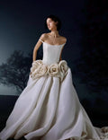 Off‑the‑Shoulder Satin Ballgown Bridal Gown, Large Handmade 3D Floral Wedding Dress, Luxury Voluminous Wedding Gown