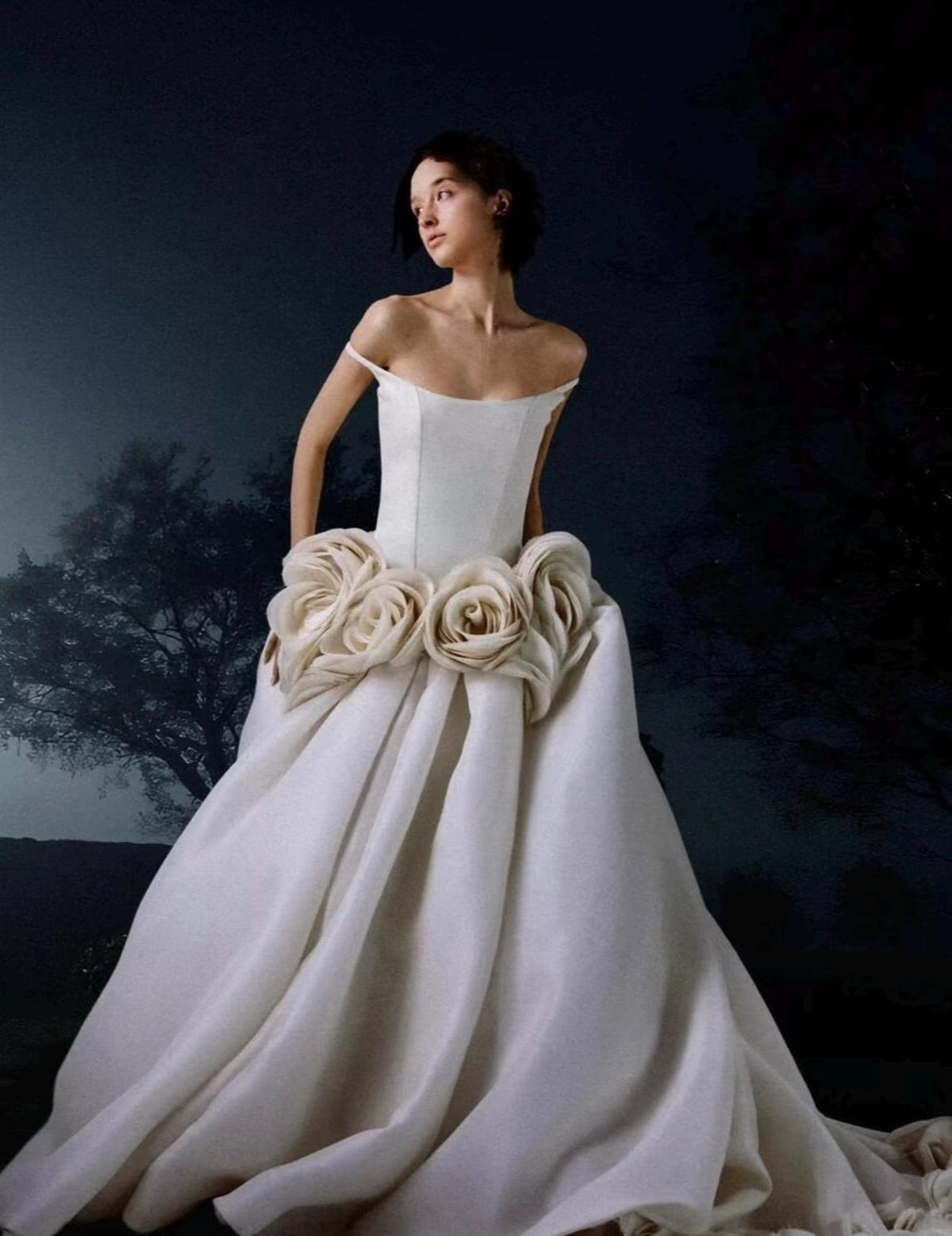 Off‑the‑Shoulder Satin Ballgown Bridal Gown, Large Handmade 3D Floral Wedding Dress, Luxury Voluminous Wedding Gown