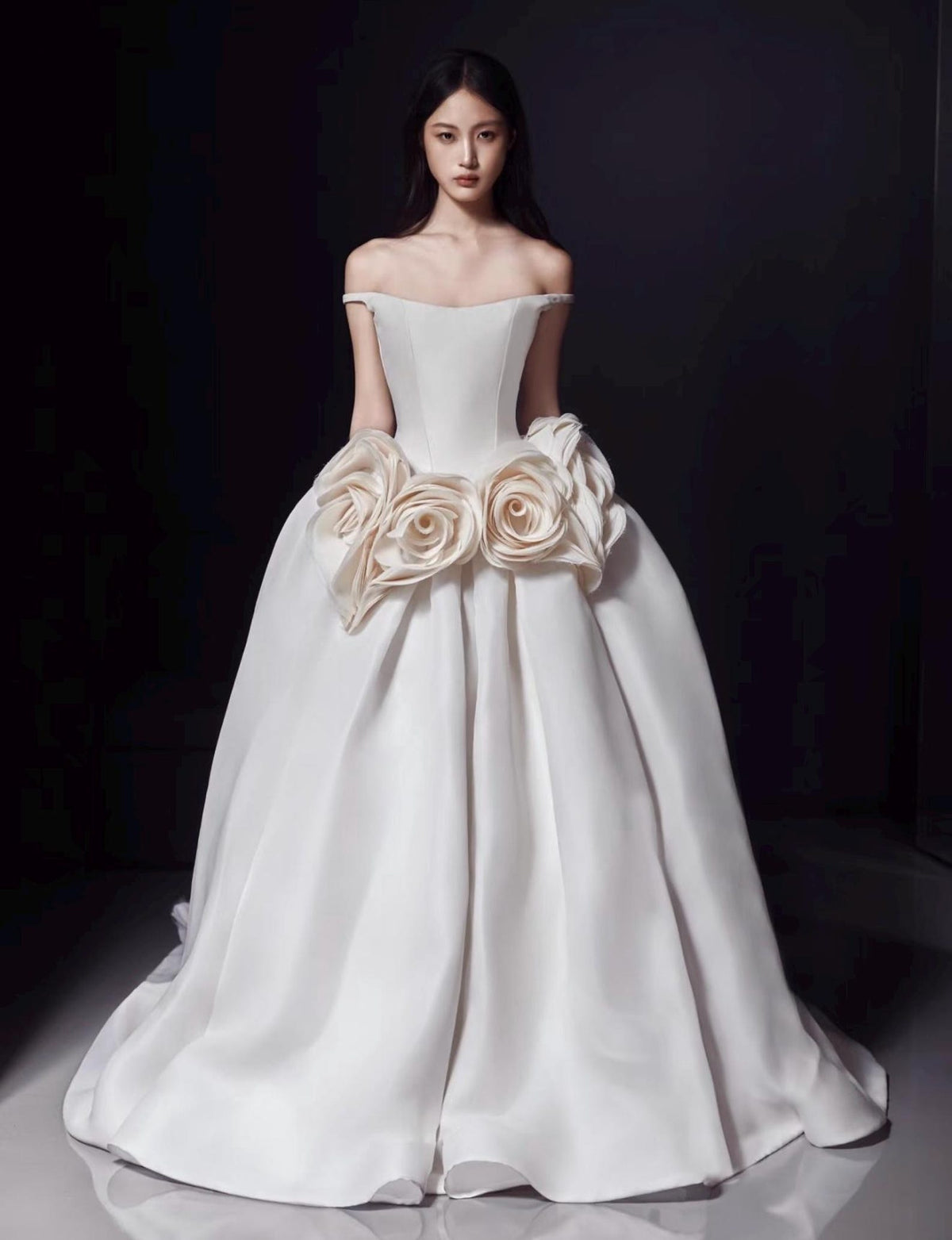Off‑the‑Shoulder Satin Ballgown Bridal Gown, Large Handmade 3D Floral Wedding Dress, Luxury Voluminous Wedding Gown