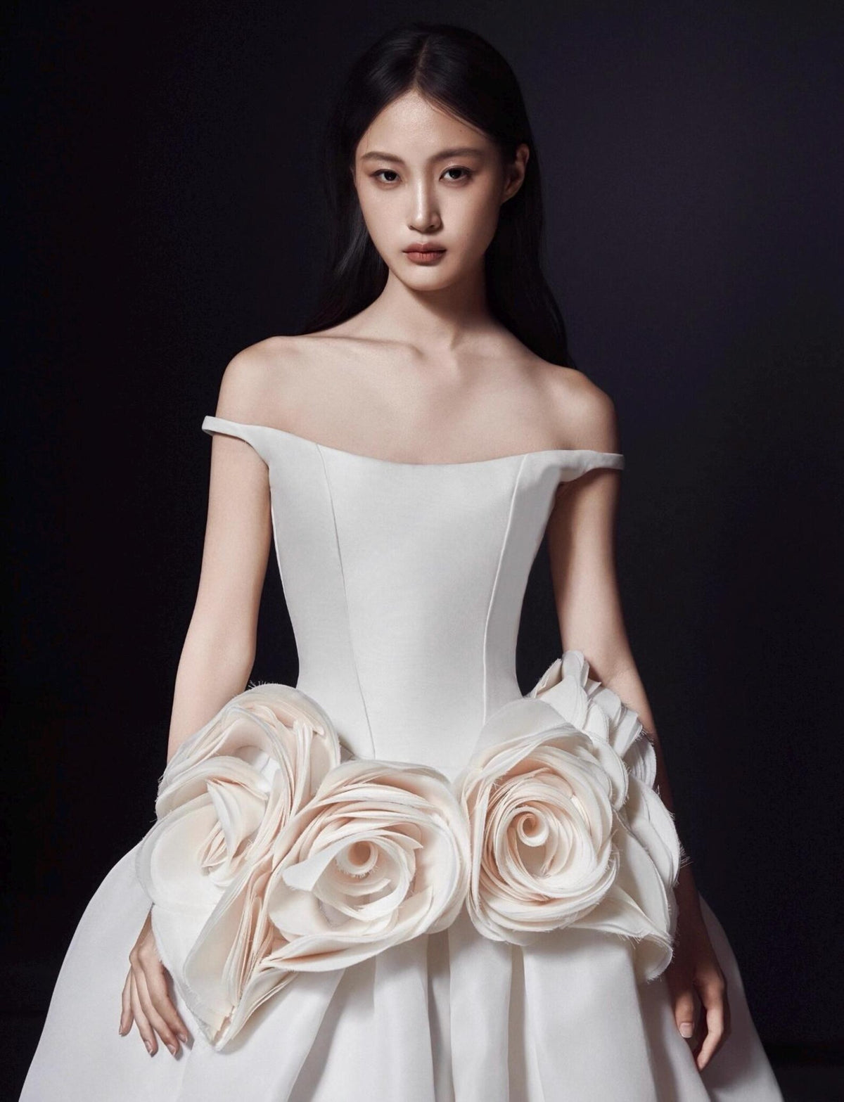 Off‑the‑Shoulder Satin Ballgown Bridal Gown, Large Handmade 3D Floral Wedding Dress, Luxury Voluminous Wedding Gown