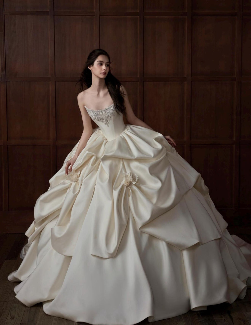 Strapless Beaded Satin Ballgown Bridal Gown, Draped Ruffle Skirt Couture Wedding Dress, Luxury Voluminous Bridal Gown