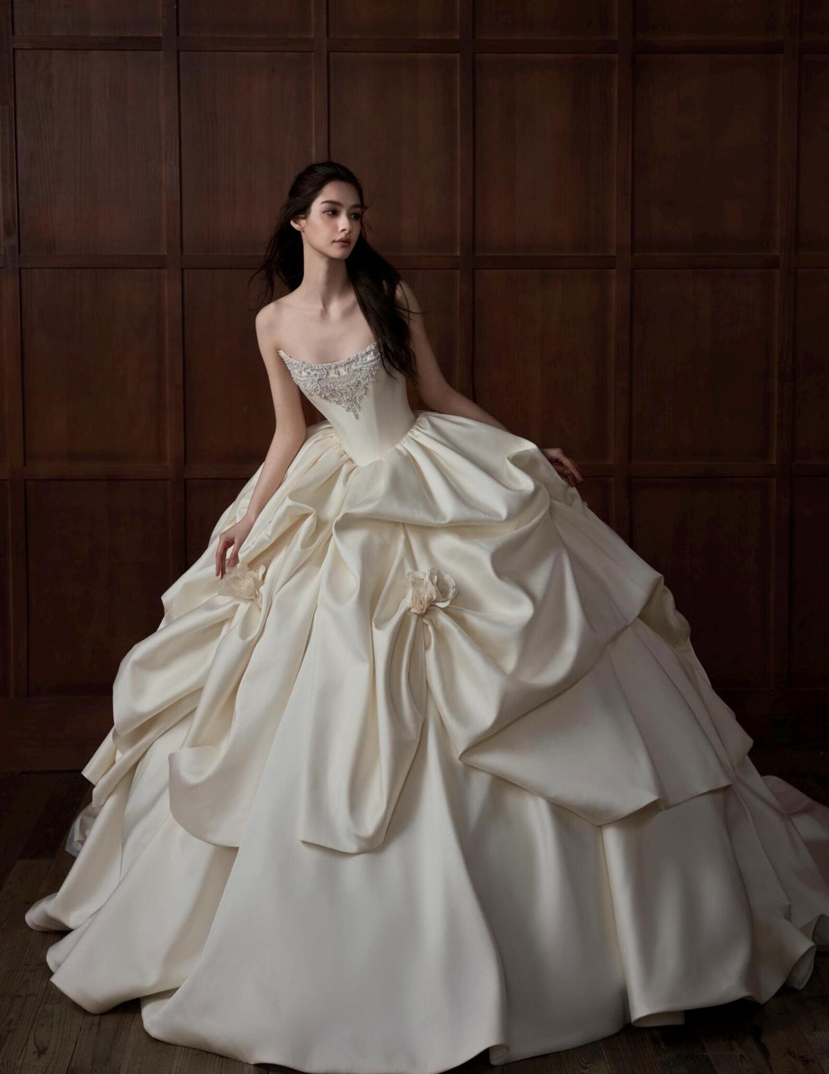 Strapless Beaded Satin Ballgown Bridal Gown, Draped Ruffle Skirt Couture Wedding Dress, Luxury Voluminous Bridal Gown