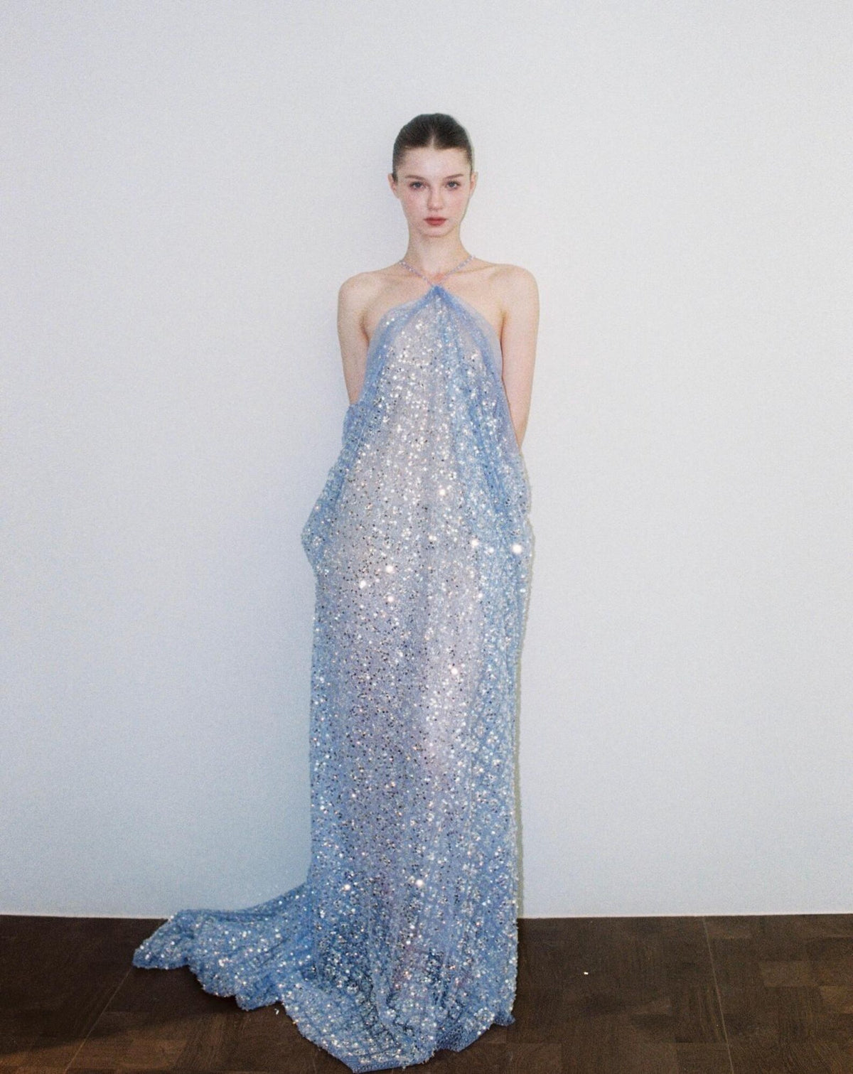 Halter Dusty Blue Sequin Evening Gown, Backless Flowy Sparkly Tulle Formal Maxi Dress