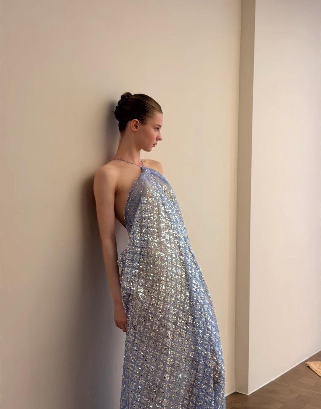 Halter Dusty Blue Sequin Evening Gown, Backless Flowy Sparkly Tulle Formal Maxi Dress