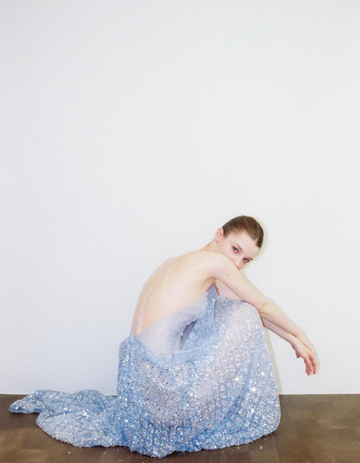 Halter Dusty Blue Sequin Evening Gown, Backless Flowy Sparkly Tulle Formal Maxi Dress