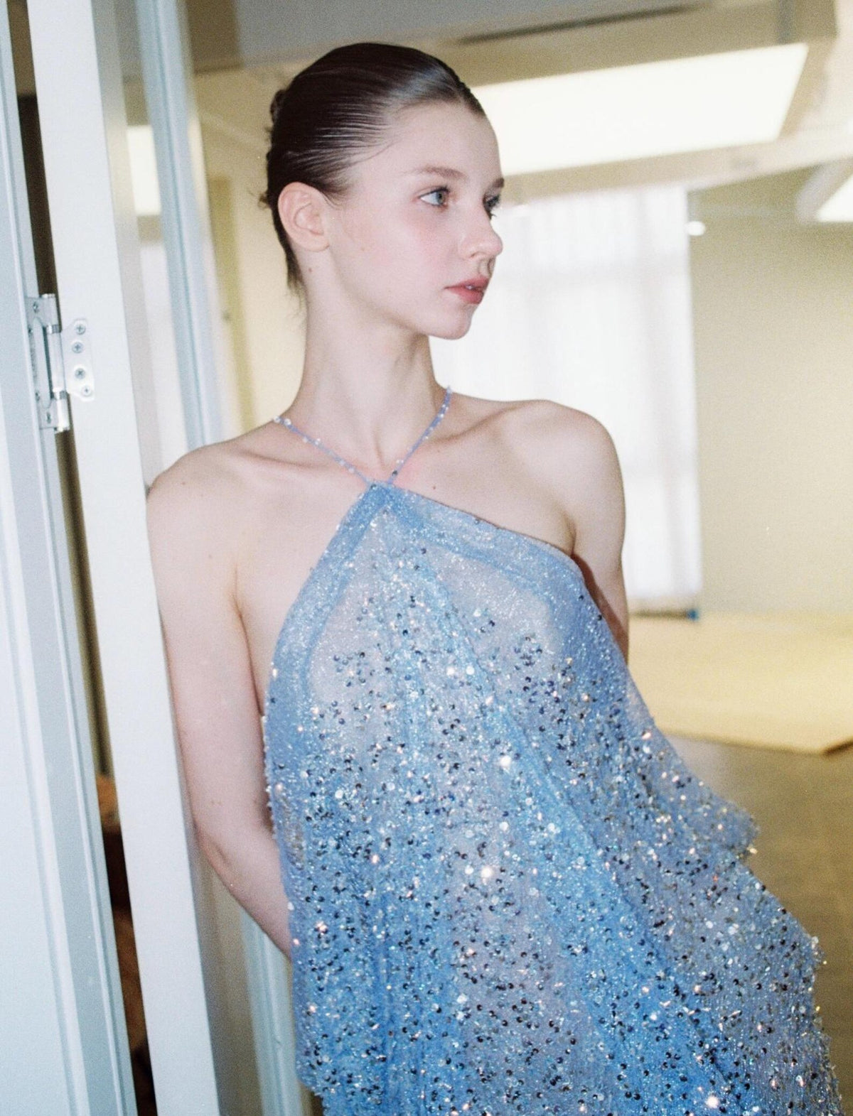 Halter Dusty Blue Sequin Evening Gown, Backless Flowy Sparkly Tulle Formal Maxi Dress