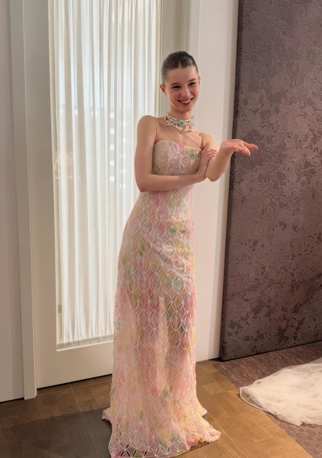 Spaghetti Strap Colorful Lace Mermaid Evening Gown, Pastel Tie‑Dye Sheer Formal Maxi Dress