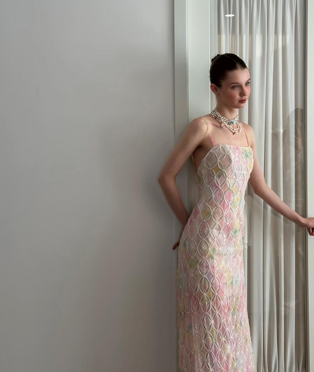 Spaghetti Strap Colorful Lace Mermaid Evening Gown, Pastel Tie‑Dye Sheer Formal Maxi Dress