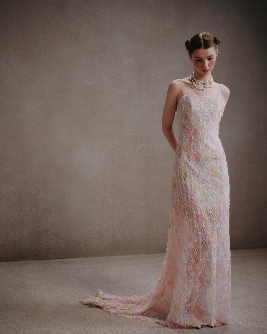 Spaghetti Strap Colorful Lace Mermaid Evening Gown, Pastel Tie‑Dye Sheer Formal Maxi Dress