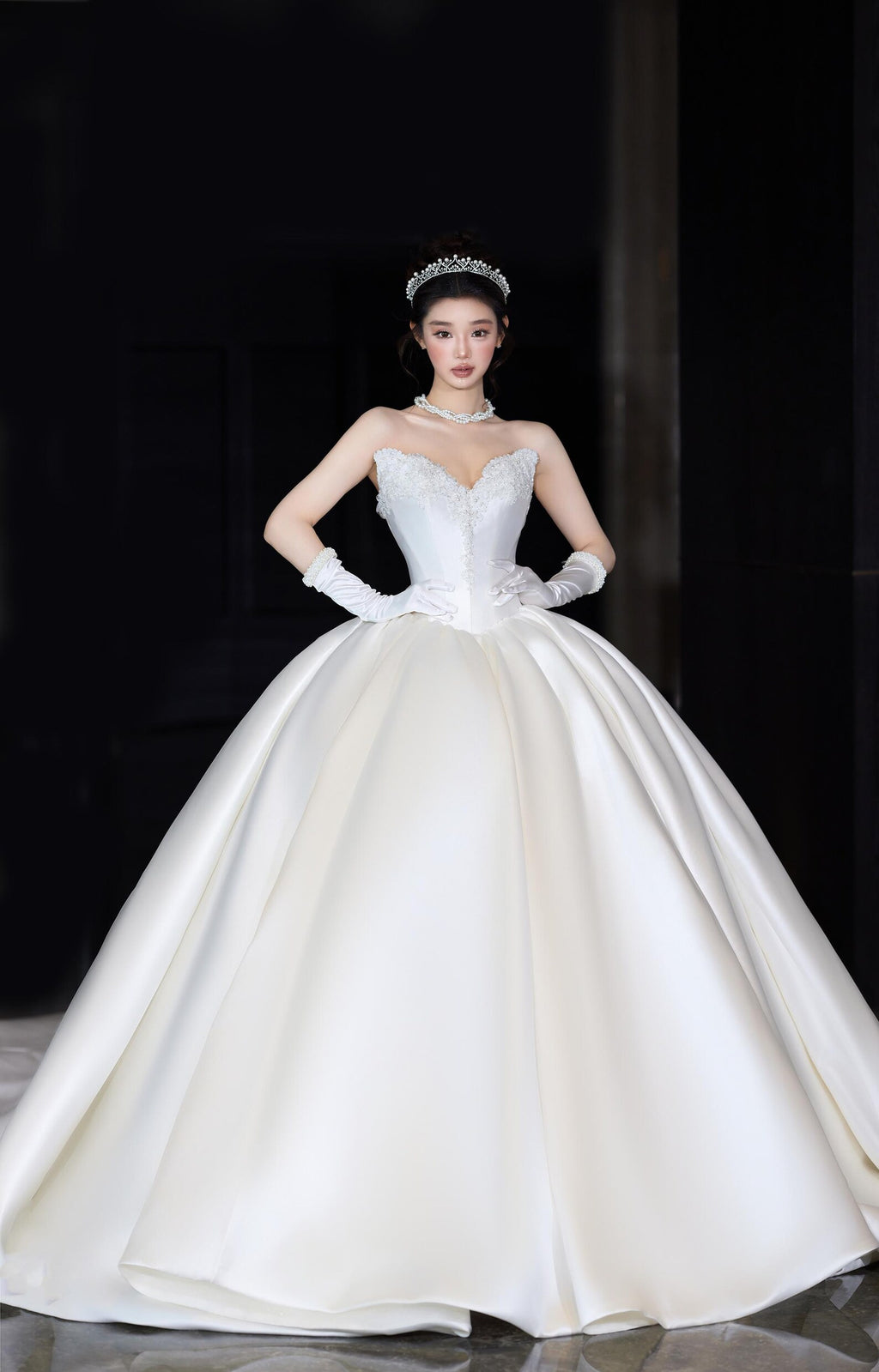 High Neck Long Sleeve Lace Satin Ballgown Wedding Dress, Voluminous Bridal Gown With Train