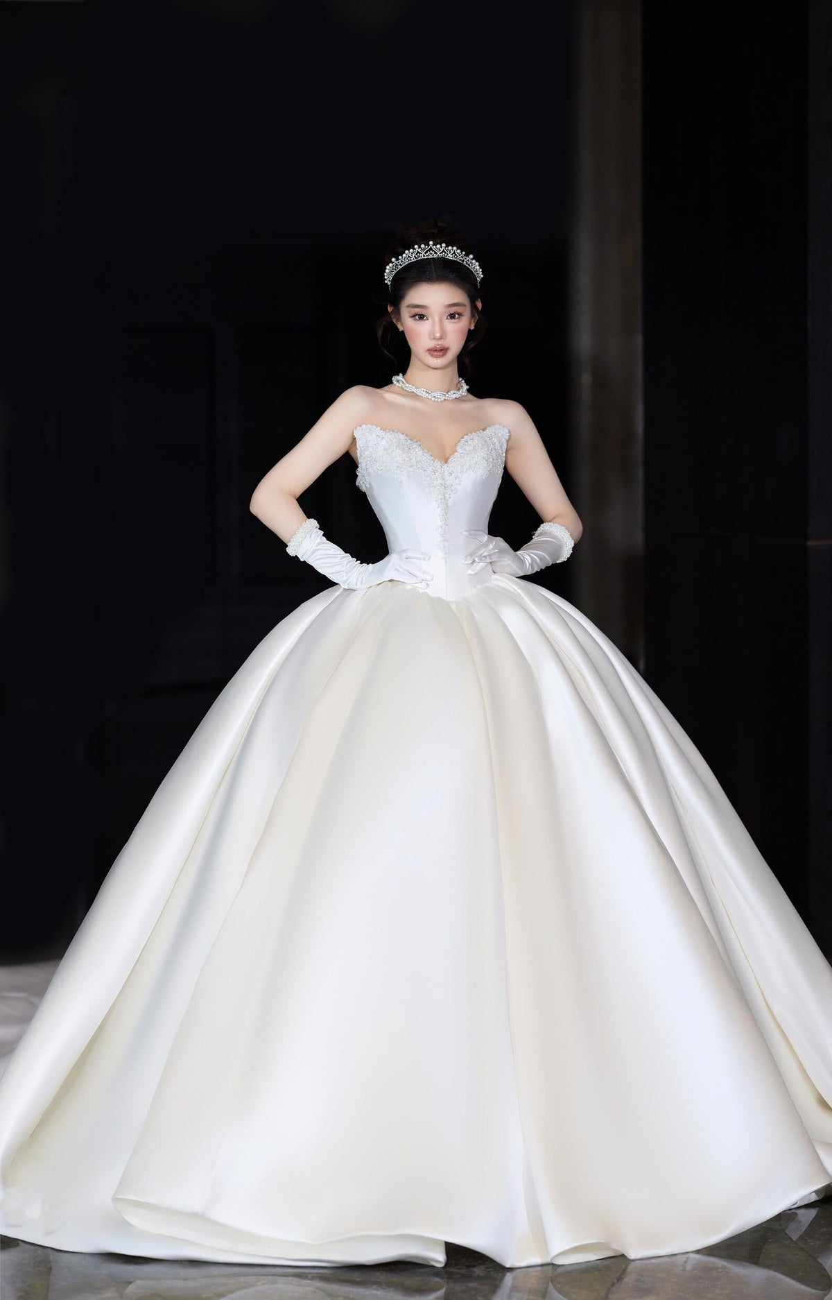 High Neck Long Sleeve Lace Satin Ballgown Wedding Dress, Voluminous Bridal Gown With Train