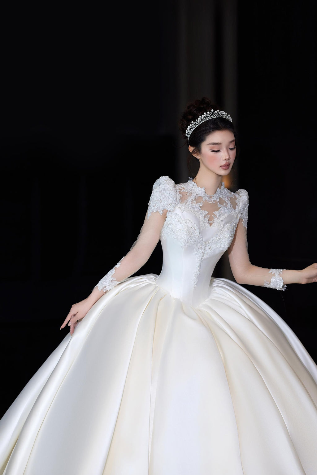 High Neck Long Sleeve Lace Satin Ballgown Wedding Dress, Voluminous Bridal Gown With Train