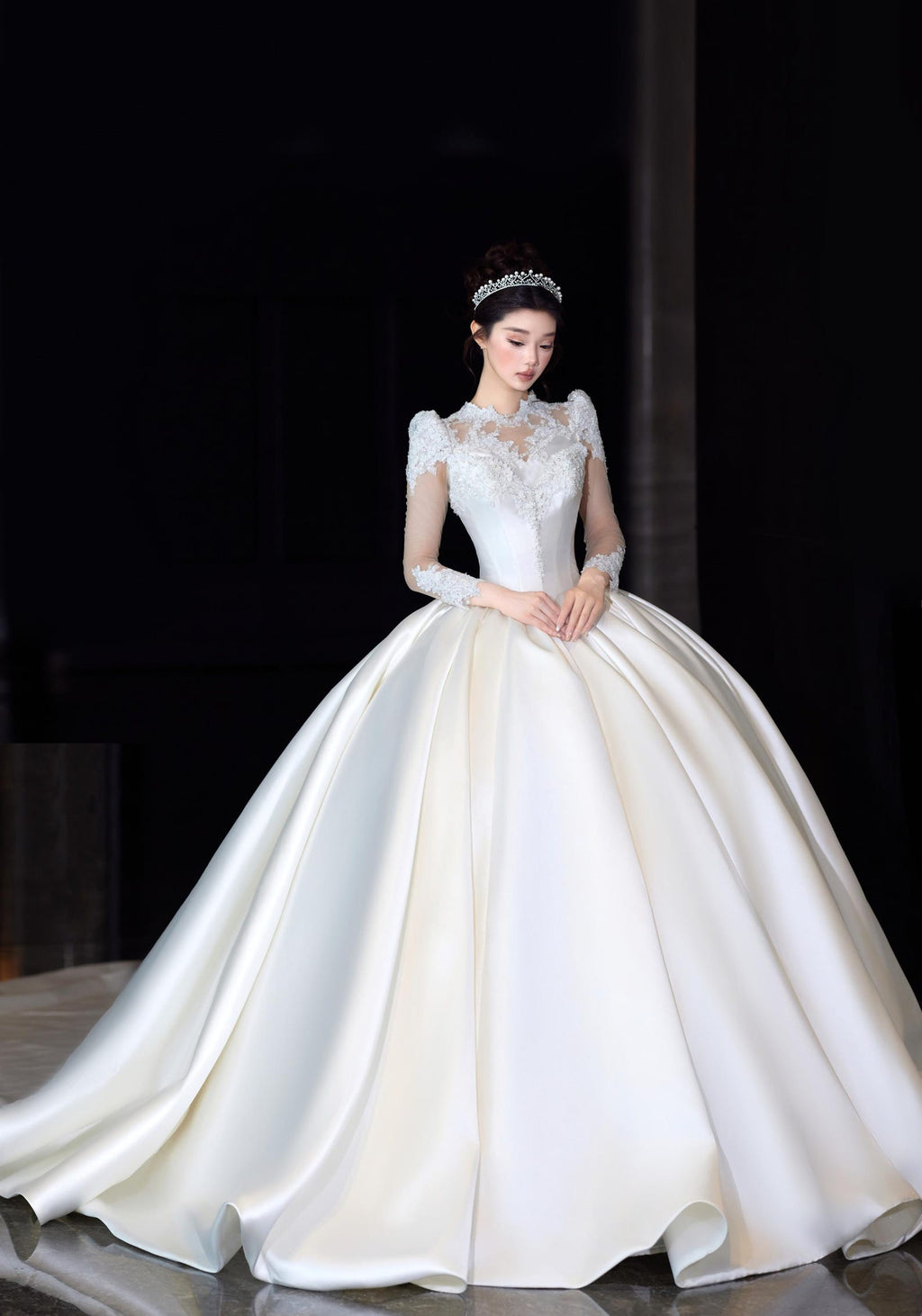 High Neck Long Sleeve Lace Satin Ballgown Wedding Dress, Voluminous Bridal Gown With Train