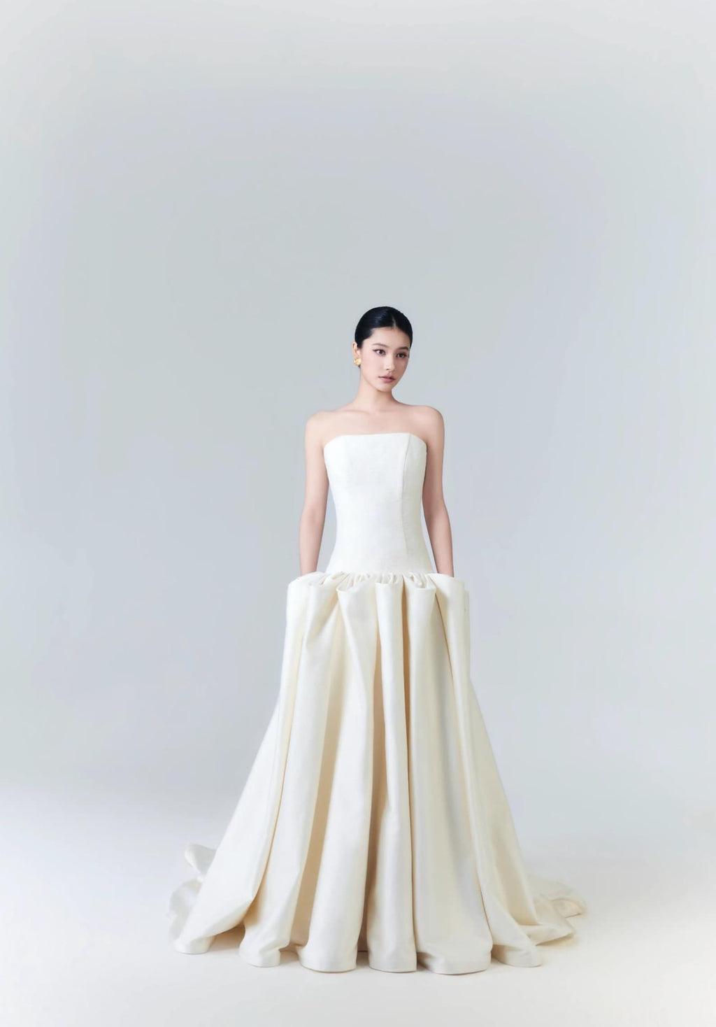 Strapless Jacquard Satin Ballgown Wedding Dress, Minimalist Voluminous Bridal Gown With Train