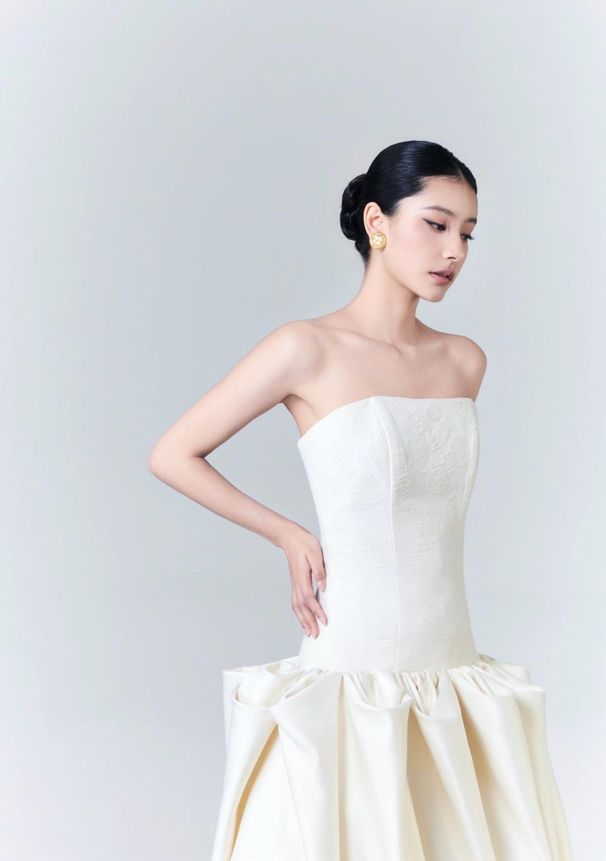 Strapless Jacquard Satin Ballgown Wedding Dress, Minimalist Voluminous Bridal Gown With Train