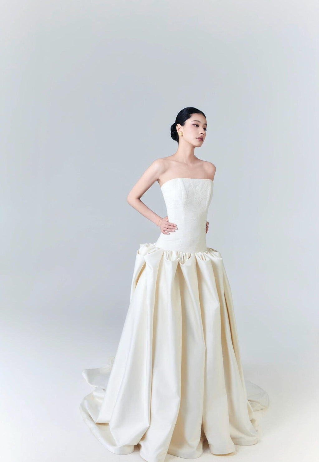 Strapless Jacquard Satin Ballgown Wedding Dress, Minimalist Voluminous Bridal Gown With Train