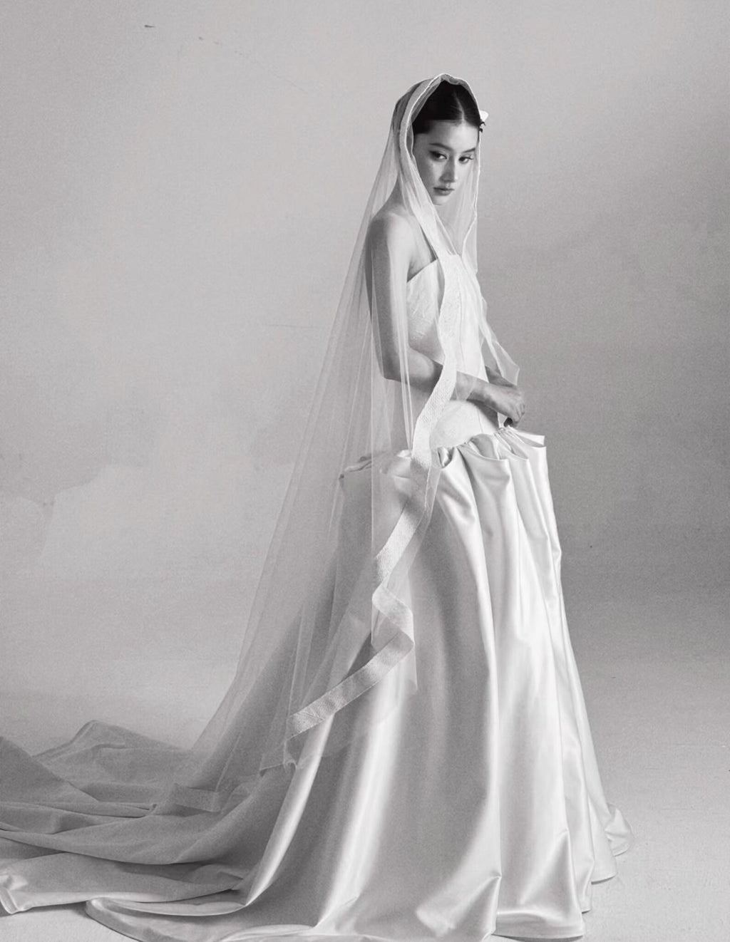 Strapless Jacquard Satin Ballgown Wedding Dress, Minimalist Voluminous Bridal Gown With Train
