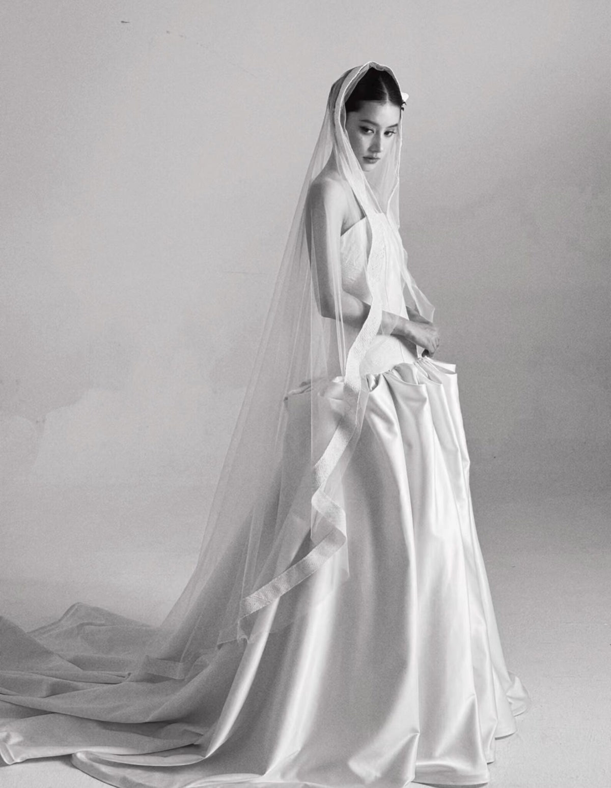 Strapless Jacquard Satin Ballgown Wedding Dress, Minimalist Voluminous Bridal Gown With Train