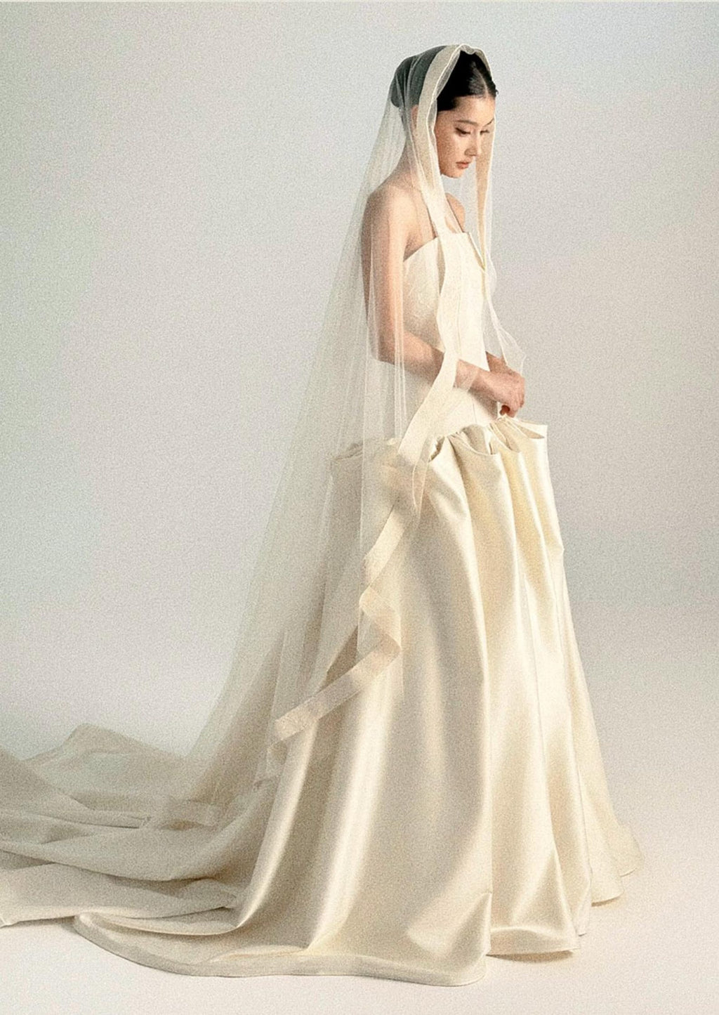 Strapless Jacquard Satin Ballgown Wedding Dress, Minimalist Voluminous Bridal Gown With Train