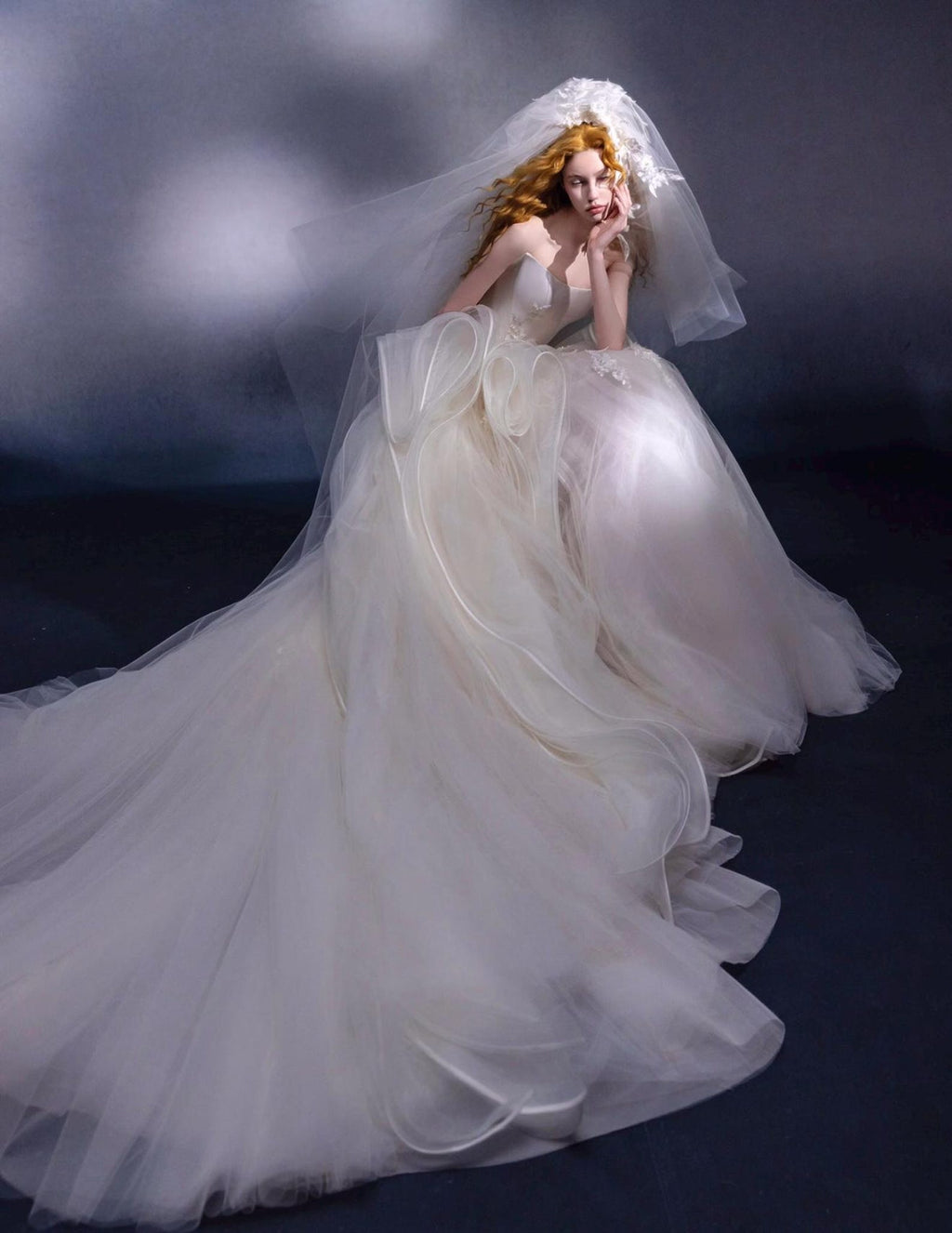Strapless Voluminous Tulle Ballgown Wedding Dress, 3D Ruffle Lace Applique Bridal Gown With Train