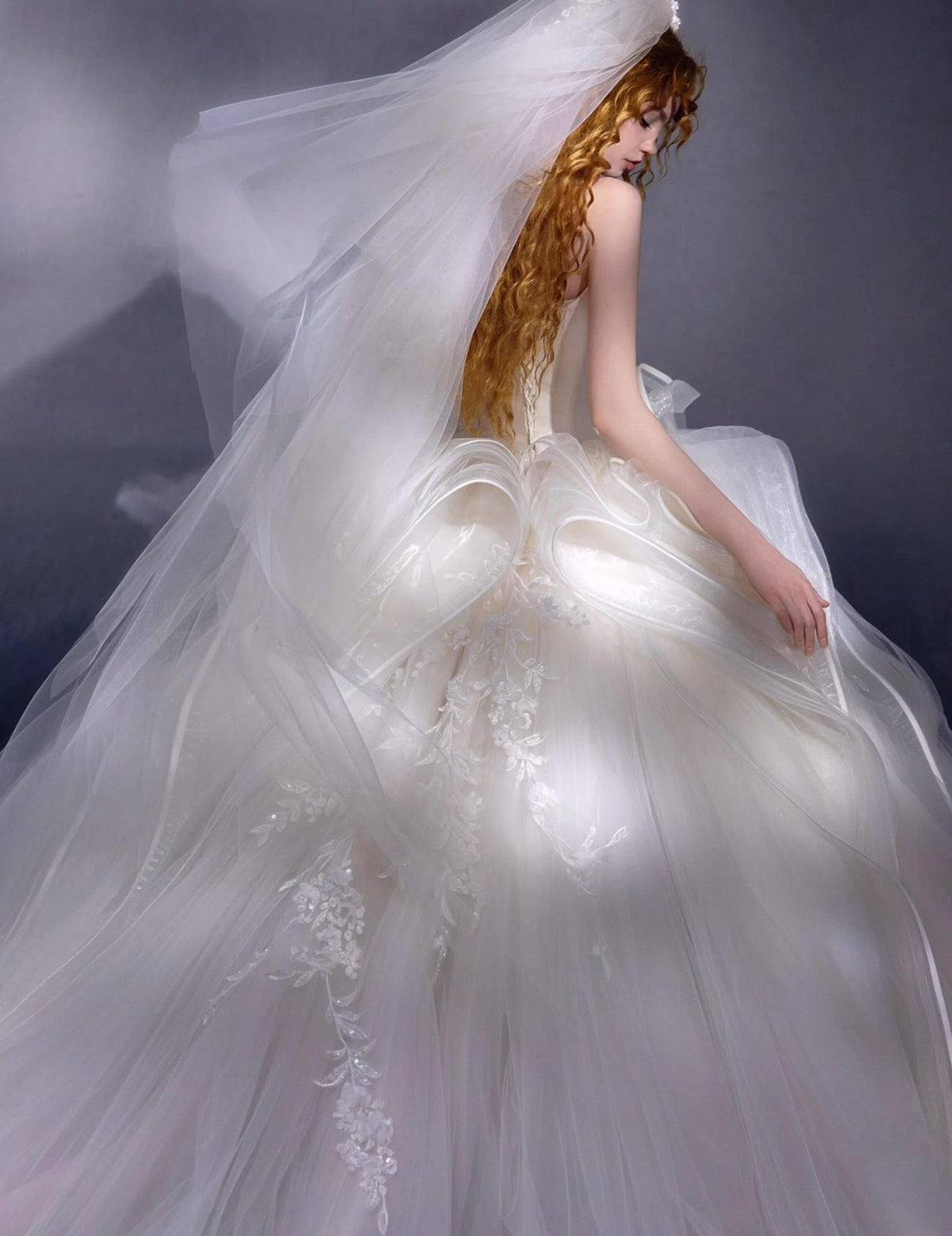 Strapless Voluminous Tulle Ballgown Wedding Dress, 3D Ruffle Lace Applique Bridal Gown With Train
