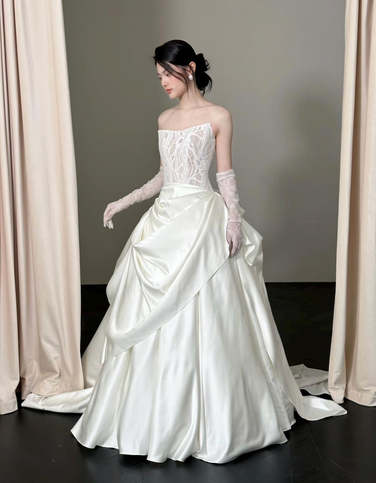 Strapless Illusion Lace Satin Ballgown Wedding Dress, Draped Voluminous Bridal Gown With Train